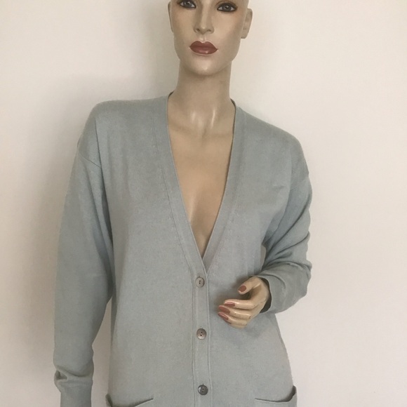 TSE Baby Blue Silk Cashmere Blend V Neck Button Front Cardigan Sweater S - Picture 2 of 4